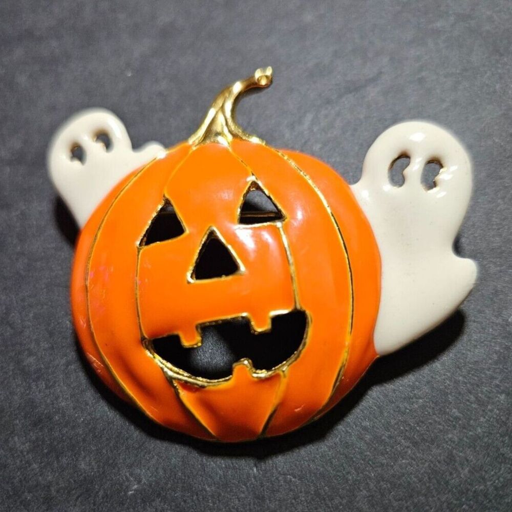 Gold tone pumpkin and ghost brooch Halloween orange white